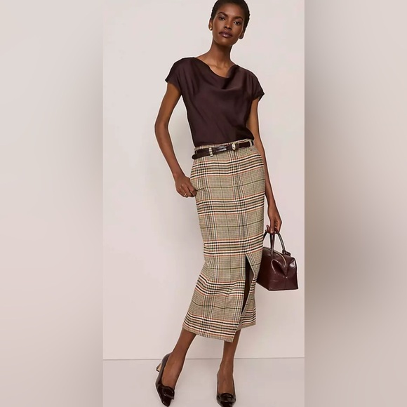 Trouser Column Midi Skirt in Chocolate Plaid